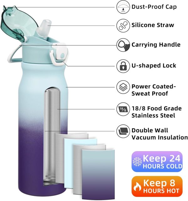BJPKPK 18oz Insulated Water Bottle With Straw Stainless Steel Double Wall Water Bottles BPA Free Leak Proof Thermos With Lockable Flip Lid And Soft Silicone Spout,Ocean Dream - Image 208