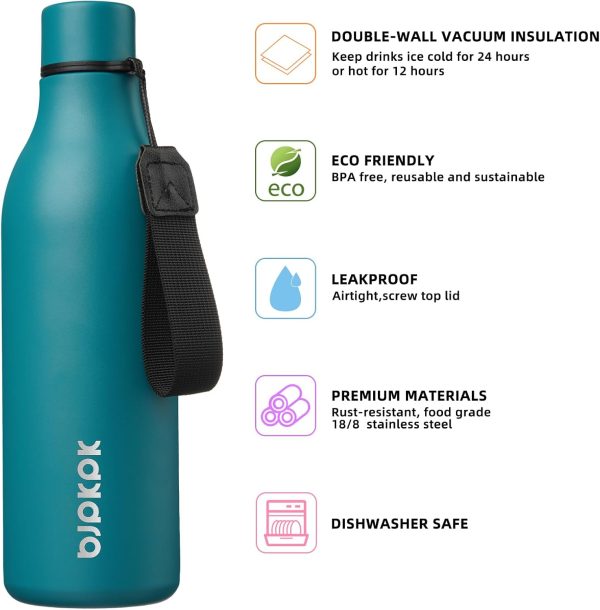 BJPKPK Insulated Water Bottles, 18 oz Stainless Steel Metal Water Bottle with Strap, BPA Free Leak Proof Thermos, Mugs, Flasks, Reusable Water Bottle for Sports & Travel, Black - Image 83