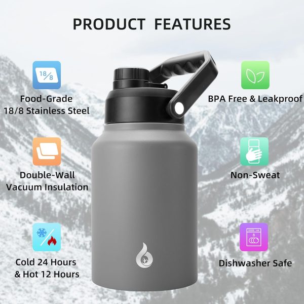 BJPKPK 64 oz Insulated Water Bottle, Dishwasher Safe Half Gallon Water Bottle with Ergonomic Handle, BPA Free Leak Proof Water Jug for Sports, Metal Thermos with Anti-slip Bottom, Grey - Image 3