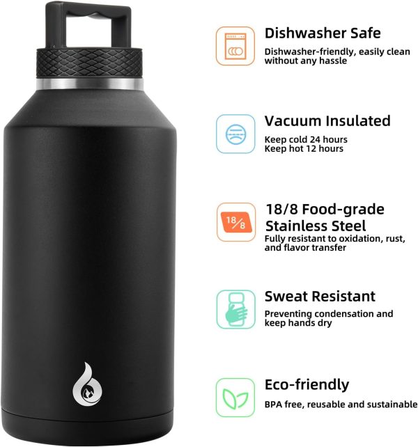 BJPKPK 64 oz Insulated Water Bottle, Dishwasher Safe Half Gallon Water Bottle with Ergonomic Handle, BPA Free Leak Proof Water Jug for Sports, Metal Thermos with Anti-slip Bottom, Grey - Image 25