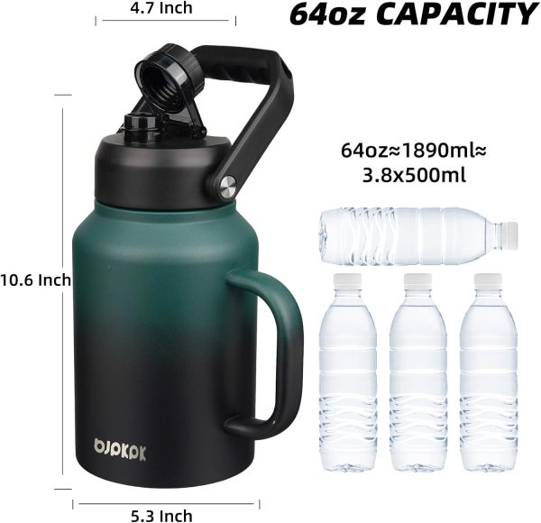 BJPKPK 64 oz Insulated Water Bottle, Dishwasher Safe Half Gallon Water Bottle with Ergonomic Handle, BPA Free Leak Proof Water Jug for Sports, Metal Thermos with Anti-slip Bottom, Grey - Image 38
