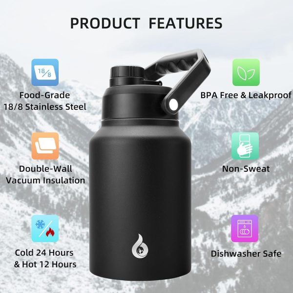 BJPKPK 64 oz Insulated Water Bottle, Dishwasher Safe Half Gallon Water Bottle with Ergonomic Handle, BPA Free Leak Proof Water Jug for Sports, Metal Thermos with Anti-slip Bottom, Grey - Image 42