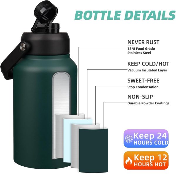 BJPKPK 64 oz Insulated Water Bottle, Dishwasher Safe Half Gallon Water Bottle with Ergonomic Handle, BPA Free Leak Proof Water Jug for Sports, Metal Thermos with Anti-slip Bottom, Grey - Image 44