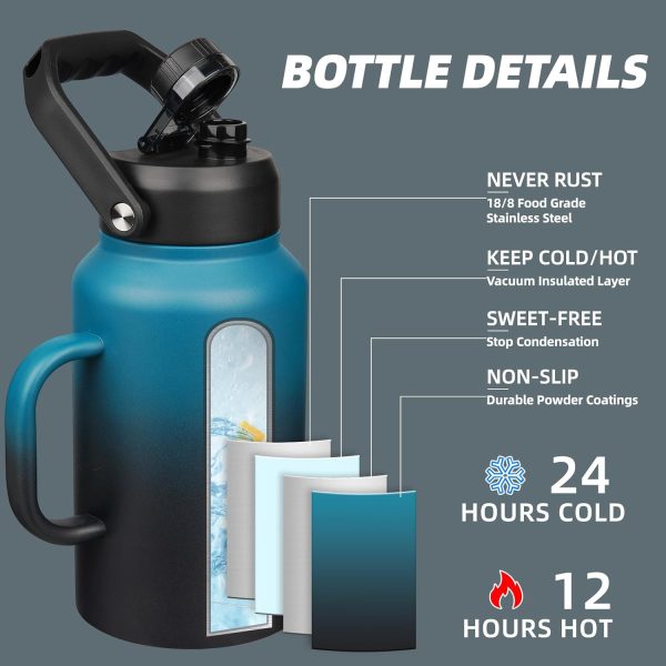BJPKPK 64 oz Insulated Water Bottle, Dishwasher Safe Half Gallon Water Bottle with Ergonomic Handle, BPA Free Leak Proof Water Jug for Sports, Metal Thermos with Anti-slip Bottom, Grey - Image 50