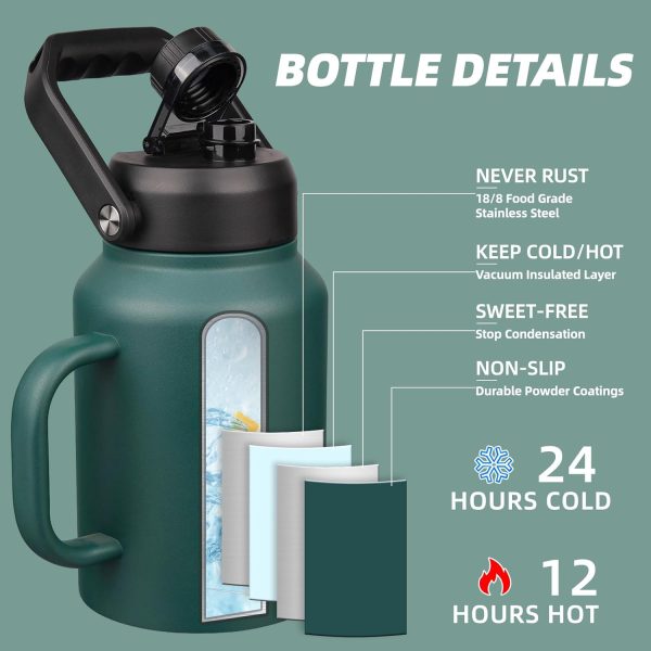 BJPKPK 64 oz Insulated Water Bottle, Dishwasher Safe Half Gallon Water Bottle with Ergonomic Handle, BPA Free Leak Proof Water Jug for Sports, Metal Thermos with Anti-slip Bottom, Grey - Image 58