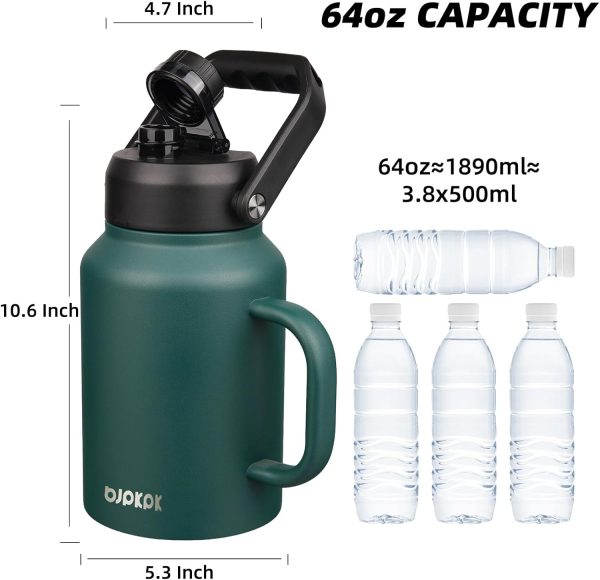 BJPKPK 64 oz Insulated Water Bottle, Dishwasher Safe Half Gallon Water Bottle with Ergonomic Handle, BPA Free Leak Proof Water Jug for Sports, Metal Thermos with Anti-slip Bottom, Grey - Image 59