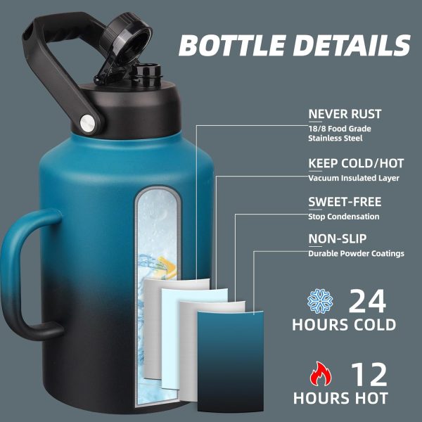 BJPKPK 64 oz Insulated Water Bottle, Dishwasher Safe Half Gallon Water Bottle with Ergonomic Handle, BPA Free Leak Proof Water Jug for Sports, Metal Thermos with Anti-slip Bottom, Grey - Image 62