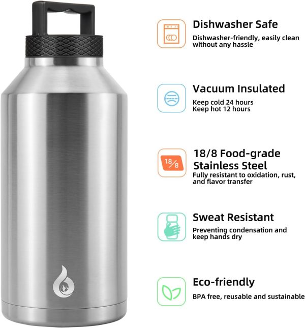 BJPKPK 64 oz Insulated Water Bottle, Dishwasher Safe Half Gallon Water Bottle with Ergonomic Handle, BPA Free Leak Proof Water Jug for Sports, Metal Thermos with Anti-slip Bottom, Grey - Image 72