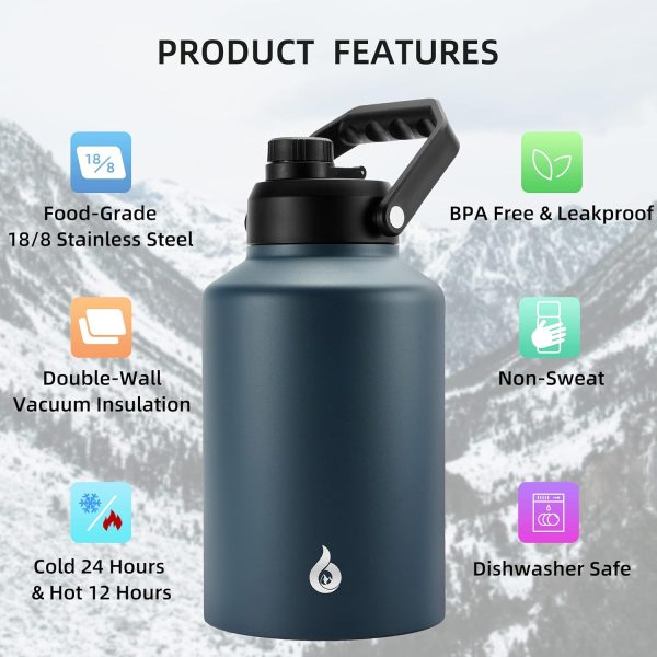BJPKPK 64 oz Insulated Water Bottle, Dishwasher Safe Half Gallon Water Bottle with Ergonomic Handle, BPA Free Leak Proof Water Jug for Sports, Metal Thermos with Anti-slip Bottom, Grey - Image 75