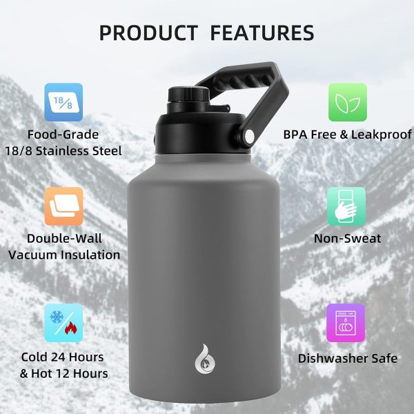 BJPKPK 64 oz Insulated Water Bottle, Dishwasher Safe Half Gallon Water Bottle with Ergonomic Handle, BPA Free Leak Proof Water Jug for Sports, Metal Thermos with Anti-slip Bottom, Grey - Image 86