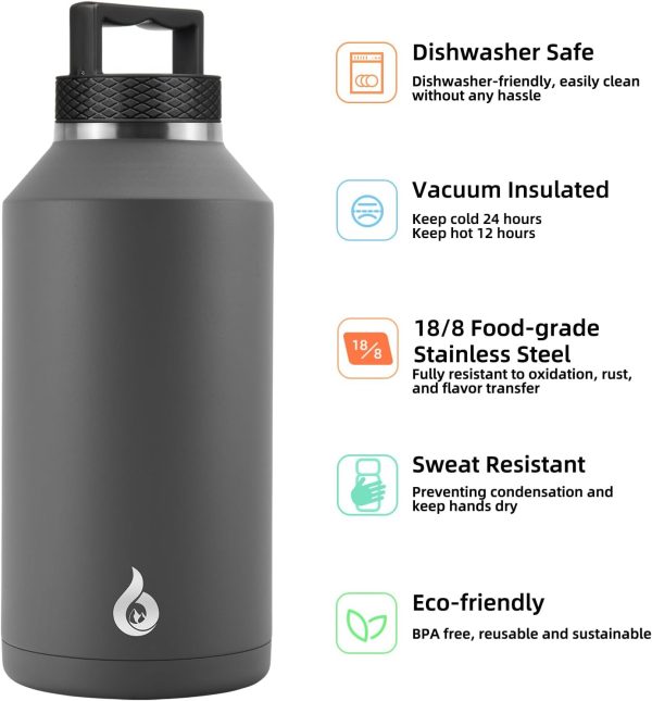 BJPKPK 64 oz Insulated Water Bottle, Dishwasher Safe Half Gallon Water Bottle with Ergonomic Handle, BPA Free Leak Proof Water Jug for Sports, Metal Thermos with Anti-slip Bottom, Grey - Image 90