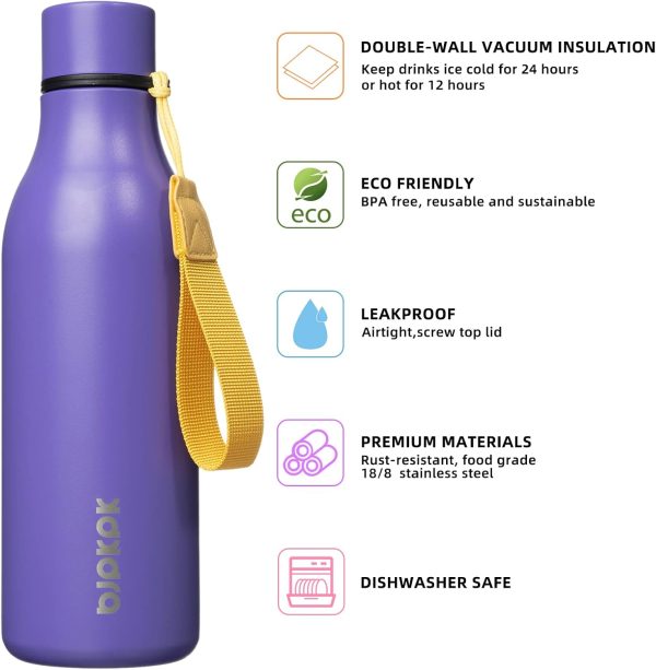 BJPKPK Insulated Water Bottles, 18 oz Stainless Steel Metal Water Bottle with Strap, BPA Free Leak Proof Thermos, Mugs, Flasks, Reusable Water Bottle for Sports & Travel, Black - Image 210