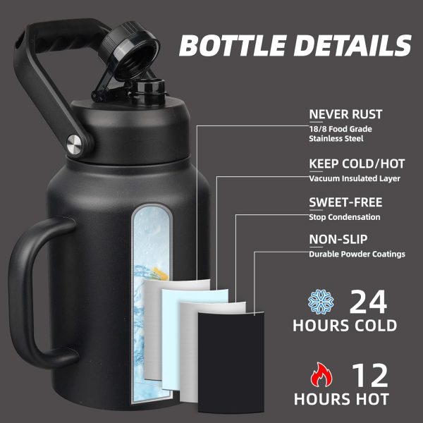 BJPKPK 64 oz Insulated Water Bottle, Dishwasher Safe Half Gallon Water Bottle with Ergonomic Handle, BPA Free Leak Proof Water Jug for Sports, Metal Thermos with Anti-slip Bottom, Grey - Image 92
