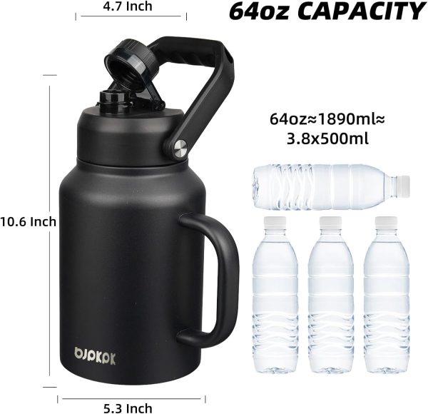 BJPKPK 64 oz Insulated Water Bottle, Dishwasher Safe Half Gallon Water Bottle with Ergonomic Handle, BPA Free Leak Proof Water Jug for Sports, Metal Thermos with Anti-slip Bottom, Grey - Image 94