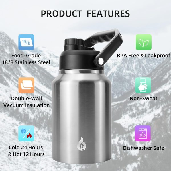 BJPKPK 64 oz Insulated Water Bottle, Dishwasher Safe Half Gallon Water Bottle with Ergonomic Handle, BPA Free Leak Proof Water Jug for Sports, Metal Thermos with Anti-slip Bottom, Grey - Image 98