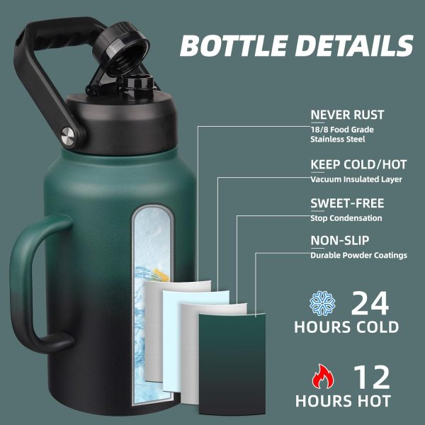 BJPKPK 64 oz Insulated Water Bottle, Dishwasher Safe Half Gallon Water Bottle with Ergonomic Handle, BPA Free Leak Proof Water Jug for Sports, Metal Thermos with Anti-slip Bottom, Grey - Image 100