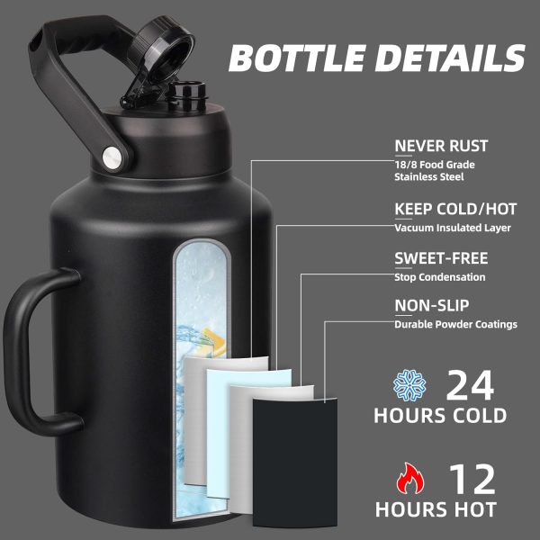 BJPKPK 64 oz Insulated Water Bottle, Dishwasher Safe Half Gallon Water Bottle with Ergonomic Handle, BPA Free Leak Proof Water Jug for Sports, Metal Thermos with Anti-slip Bottom, Grey - Image 104