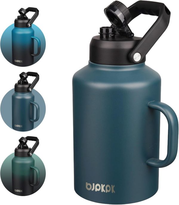 BJPKPK 64 oz Insulated Water Bottle, Dishwasher Safe Half Gallon Water Bottle with Ergonomic Handle, BPA Free Leak Proof Water Jug for Sports, Metal Thermos with Anti-slip Bottom, Grey - Image 107