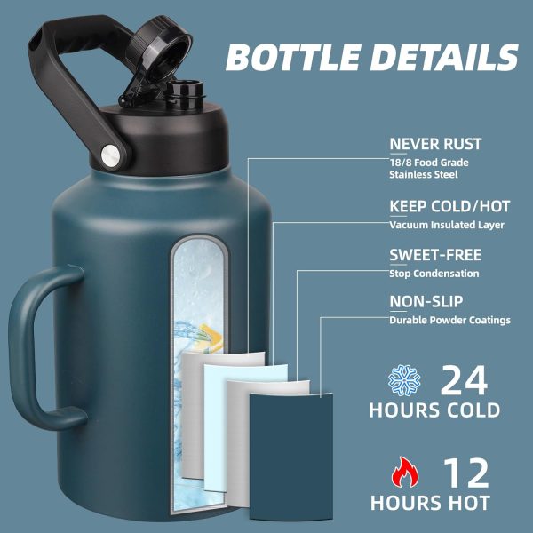 BJPKPK 64 oz Insulated Water Bottle, Dishwasher Safe Half Gallon Water Bottle with Ergonomic Handle, BPA Free Leak Proof Water Jug for Sports, Metal Thermos with Anti-slip Bottom, Grey - Image 108