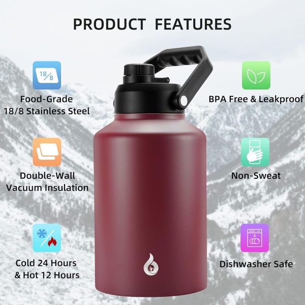 BJPKPK 64 oz Insulated Water Bottle, Dishwasher Safe Half Gallon Water Bottle with Ergonomic Handle, BPA Free Leak Proof Water Jug for Sports, Metal Thermos with Anti-slip Bottom, Grey - Image 113