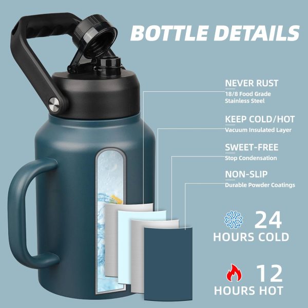 BJPKPK 64 oz Insulated Water Bottle, Dishwasher Safe Half Gallon Water Bottle with Ergonomic Handle, BPA Free Leak Proof Water Jug for Sports, Metal Thermos with Anti-slip Bottom, Grey - Image 123
