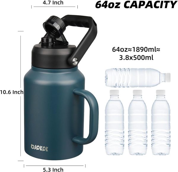 BJPKPK 64 oz Insulated Water Bottle, Dishwasher Safe Half Gallon Water Bottle with Ergonomic Handle, BPA Free Leak Proof Water Jug for Sports, Metal Thermos with Anti-slip Bottom, Grey - Image 124