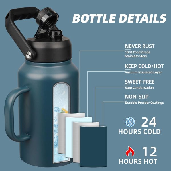 BJPKPK 64 oz Insulated Water Bottle, Dishwasher Safe Half Gallon Water Bottle with Ergonomic Handle, BPA Free Leak Proof Water Jug for Sports, Metal Thermos with Anti-slip Bottom, Grey - Image 131