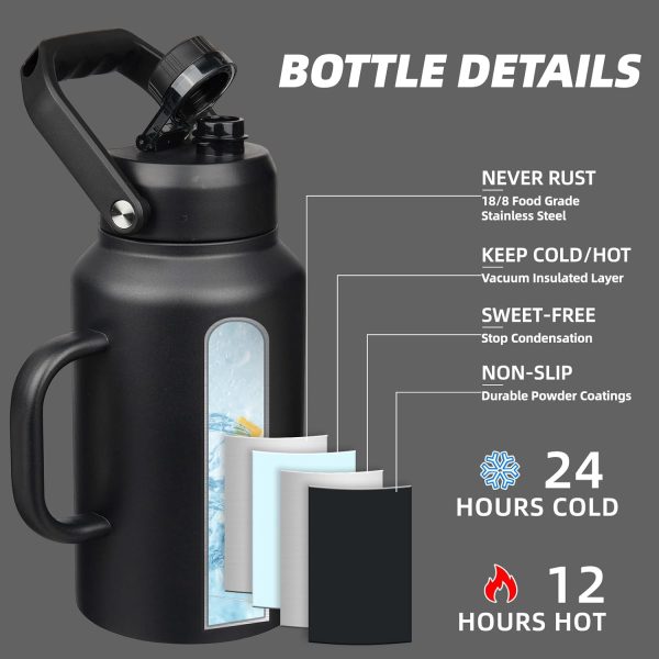 BJPKPK 64 oz Insulated Water Bottle, Dishwasher Safe Half Gallon Water Bottle with Ergonomic Handle, BPA Free Leak Proof Water Jug for Sports, Metal Thermos with Anti-slip Bottom, Grey - Image 135