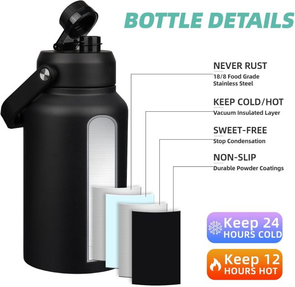BJPKPK 64 oz Insulated Water Bottle, Dishwasher Safe Half Gallon Water Bottle with Ergonomic Handle, BPA Free Leak Proof Water Jug for Sports, Metal Thermos with Anti-slip Bottom, Grey - Image 139