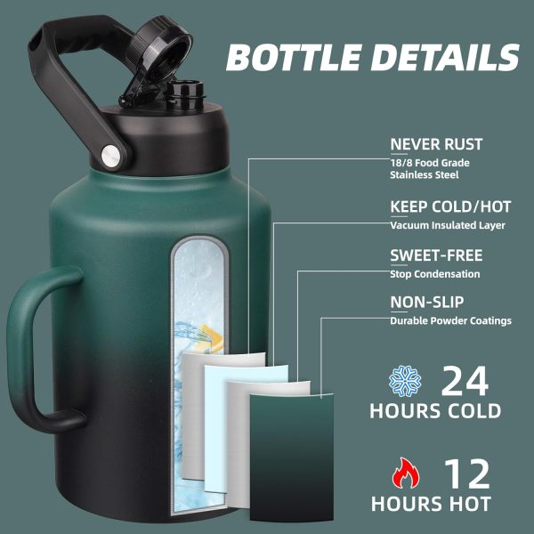 BJPKPK 64 oz Insulated Water Bottle, Dishwasher Safe Half Gallon Water Bottle with Ergonomic Handle, BPA Free Leak Proof Water Jug for Sports, Metal Thermos with Anti-slip Bottom, Grey - Image 142