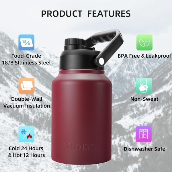BJPKPK 64 oz Insulated Water Bottle, Dishwasher Safe Half Gallon Water Bottle with Ergonomic Handle, BPA Free Leak Proof Water Jug for Sports, Metal Thermos with Anti-slip Bottom, Grey - Image 151