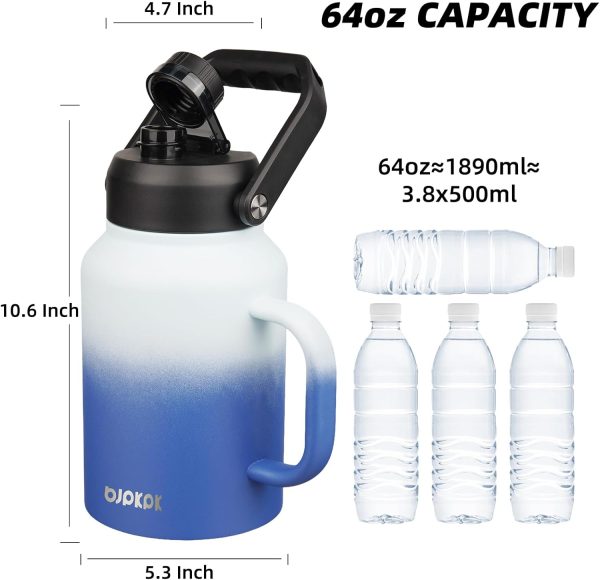 BJPKPK 64 oz Insulated Water Bottle, Dishwasher Safe Half Gallon Water Bottle with Ergonomic Handle, BPA Free Leak Proof Water Jug for Sports, Metal Thermos with Anti-slip Bottom, Grey - Image 154