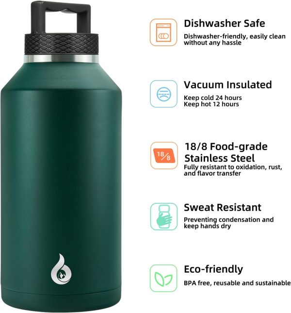BJPKPK 64 oz Insulated Water Bottle, Dishwasher Safe Half Gallon Water Bottle with Ergonomic Handle, BPA Free Leak Proof Water Jug for Sports, Metal Thermos with Anti-slip Bottom, Grey - Image 158