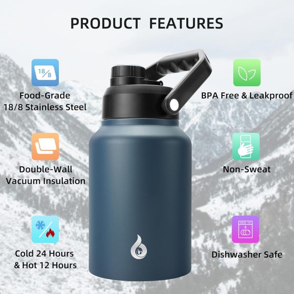 BJPKPK 64 oz Insulated Water Bottle, Dishwasher Safe Half Gallon Water Bottle with Ergonomic Handle, BPA Free Leak Proof Water Jug for Sports, Metal Thermos with Anti-slip Bottom, Grey - Image 161