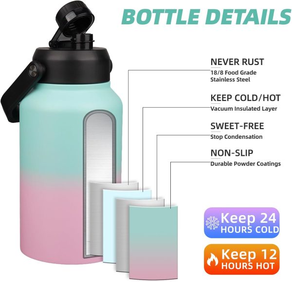 BJPKPK 64 oz Insulated Water Bottle, Dishwasher Safe Half Gallon Water Bottle with Ergonomic Handle, BPA Free Leak Proof Water Jug for Sports, Metal Thermos with Anti-slip Bottom, Grey - Image 165