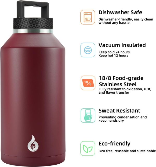 BJPKPK 64 oz Insulated Water Bottle, Dishwasher Safe Half Gallon Water Bottle with Ergonomic Handle, BPA Free Leak Proof Water Jug for Sports, Metal Thermos with Anti-slip Bottom, Grey - Image 169
