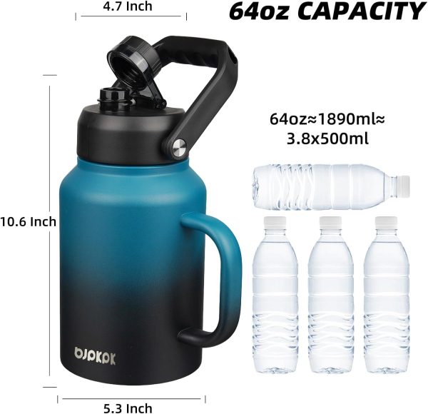 BJPKPK 64 oz Insulated Water Bottle, Dishwasher Safe Half Gallon Water Bottle with Ergonomic Handle, BPA Free Leak Proof Water Jug for Sports, Metal Thermos with Anti-slip Bottom, Grey - Image 172