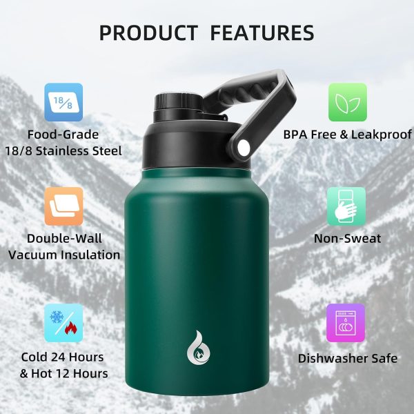 BJPKPK 64 oz Insulated Water Bottle, Dishwasher Safe Half Gallon Water Bottle with Ergonomic Handle, BPA Free Leak Proof Water Jug for Sports, Metal Thermos with Anti-slip Bottom, Grey - Image 176