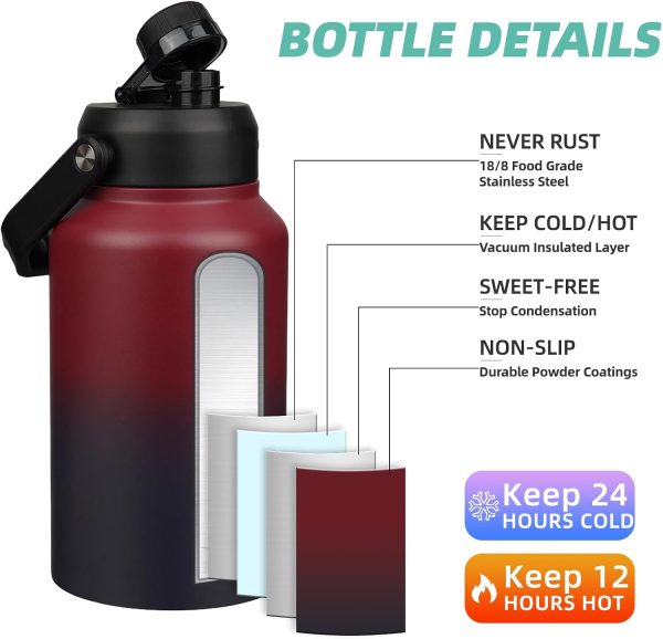 BJPKPK 64 oz Insulated Water Bottle, Dishwasher Safe Half Gallon Water Bottle with Ergonomic Handle, BPA Free Leak Proof Water Jug for Sports, Metal Thermos with Anti-slip Bottom, Grey - Image 180
