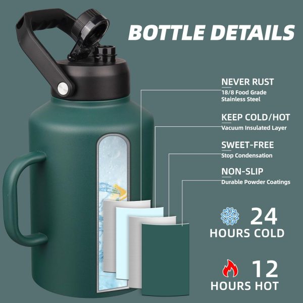 BJPKPK 64 oz Insulated Water Bottle, Dishwasher Safe Half Gallon Water Bottle with Ergonomic Handle, BPA Free Leak Proof Water Jug for Sports, Metal Thermos with Anti-slip Bottom, Grey - Image 183