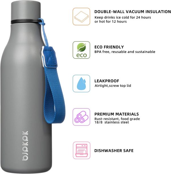BJPKPK Insulated Water Bottles, 18 oz Stainless Steel Metal Water Bottle with Strap, BPA Free Leak Proof Thermos, Mugs, Flasks, Reusable Water Bottle for Sports & Travel, Black - Image 335