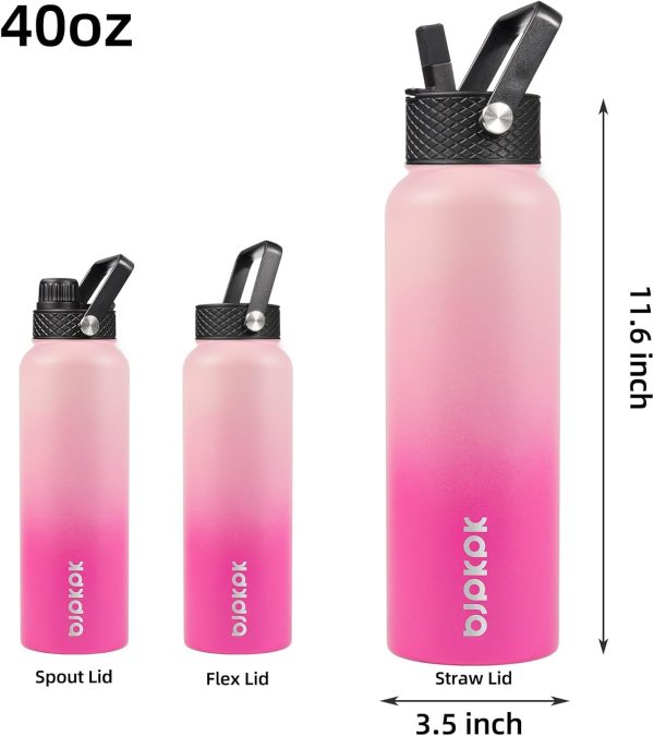 BJPKPK 40oz Stainless Steel Insulated Water Bottle with 3 Lids, Sakura - BPA Free Leakproof Thermos Bottle for Sports & Gym - Image 2