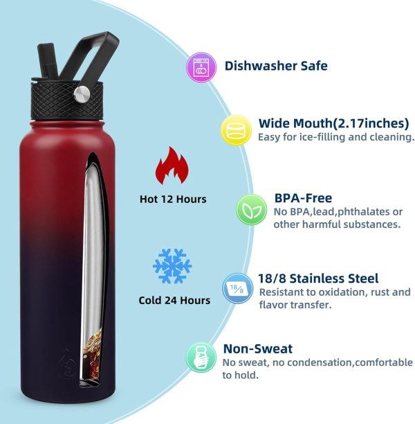 BJPKPK 40oz Stainless Steel Insulated Water Bottle with 3 Lids, Sakura - BPA Free Leakproof Thermos Bottle for Sports & Gym - Image 89