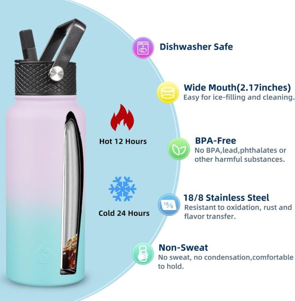 BJPKPK 40oz Stainless Steel Insulated Water Bottle with 3 Lids, Sakura - BPA Free Leakproof Thermos Bottle for Sports & Gym - Image 120