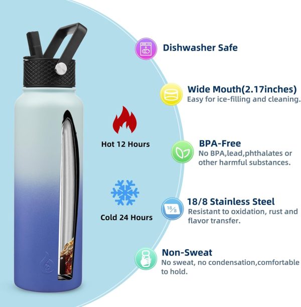 BJPKPK 40oz Stainless Steel Insulated Water Bottle with 3 Lids, Sakura - BPA Free Leakproof Thermos Bottle for Sports & Gym - Image 160