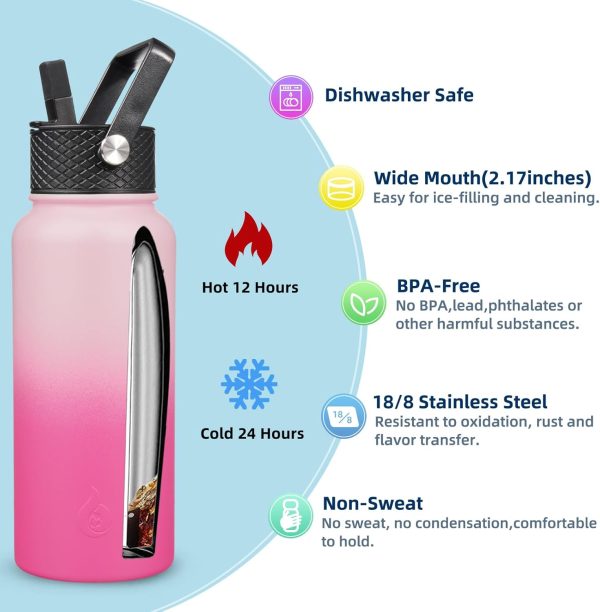 BJPKPK 40oz Stainless Steel Insulated Water Bottle with 3 Lids, Sakura - BPA Free Leakproof Thermos Bottle for Sports & Gym - Image 251