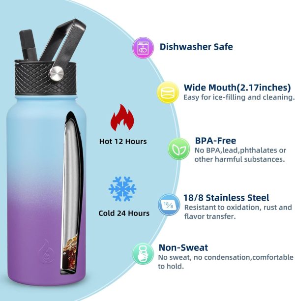 BJPKPK 40oz Stainless Steel Insulated Water Bottle with 3 Lids, Sakura - BPA Free Leakproof Thermos Bottle for Sports & Gym - Image 341